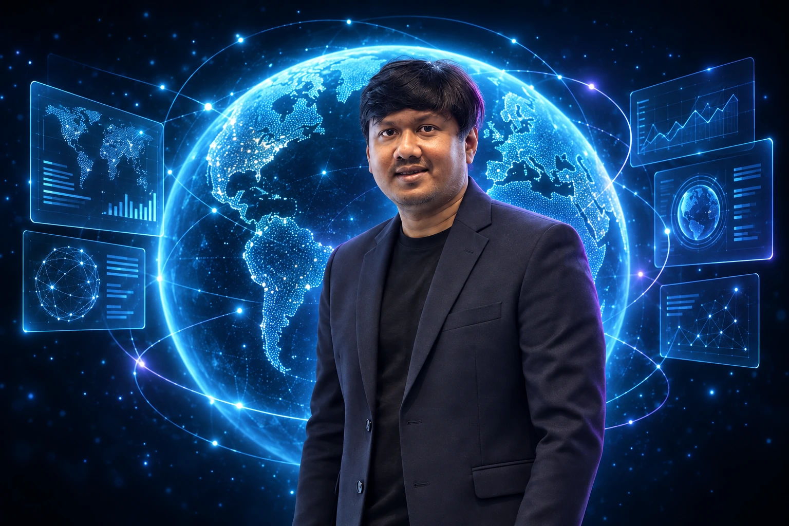 Tanvir Abdul Wahed in a dark blazer with a digital globe and holographic panels